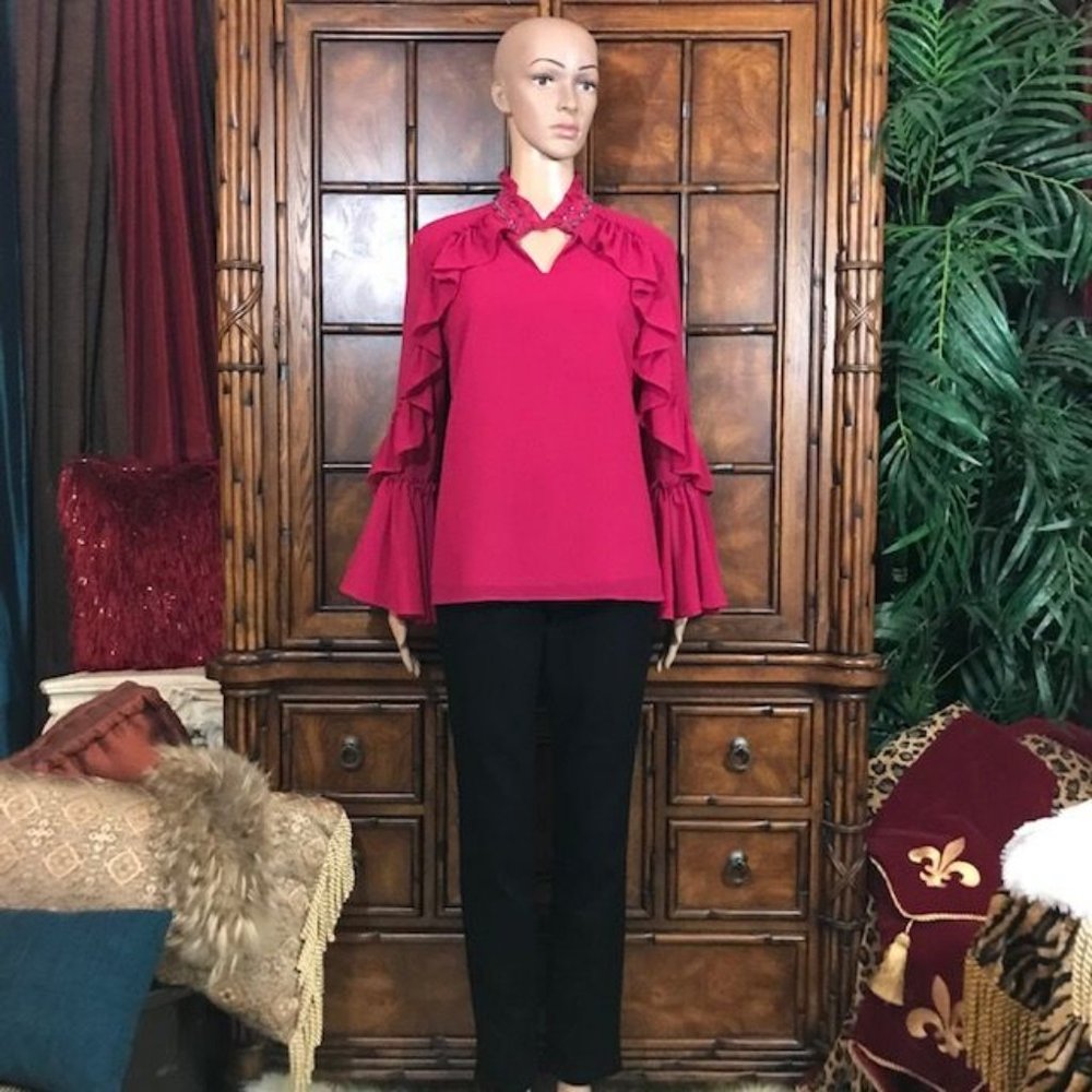 Magenta Ruffle Beaded Collar Poet Sleeve Chiffon … - image 4